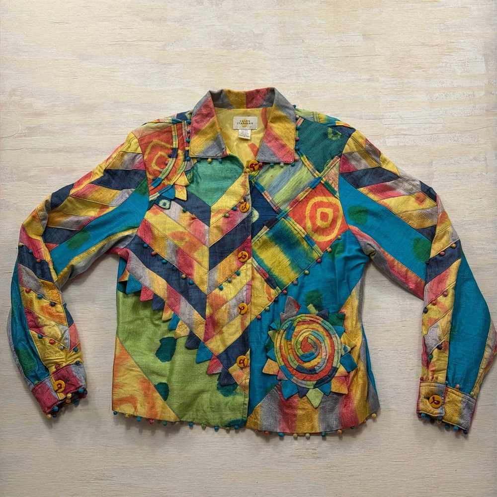 Sandy Starkman Jacket Silk Patchwork Boho Art To Wear Multicolor Womens Size M